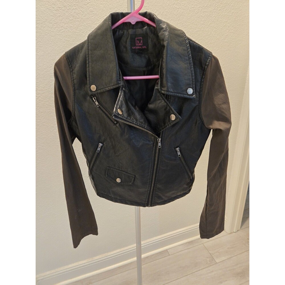Material Girl Moto Jacket Womens Small Brown Faux Leather Brown Sleeve Biker Zip
